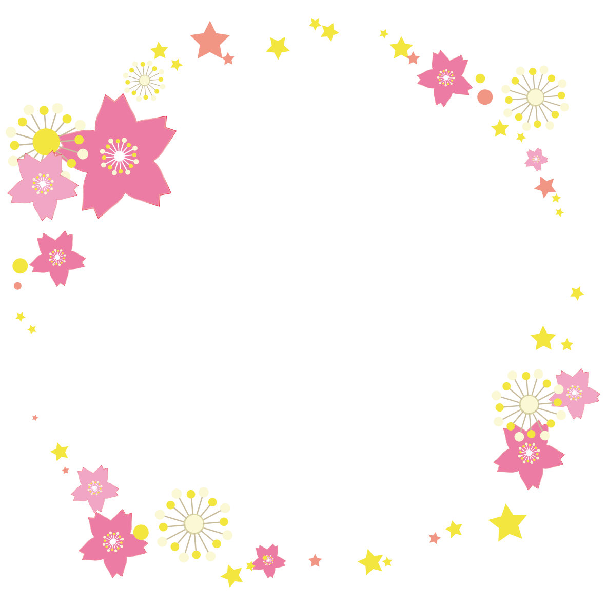 大きな桜の花と散りばめられた星模様がかわいらしい円フレームです。
春の希望に満ち、キラキラとした季節の雰囲気が伝わってきますね☆<br>
ピンクとイエローの組み合わせはとってもキュートなので、お子様向けのお便りへのご利用もオススメしています♡