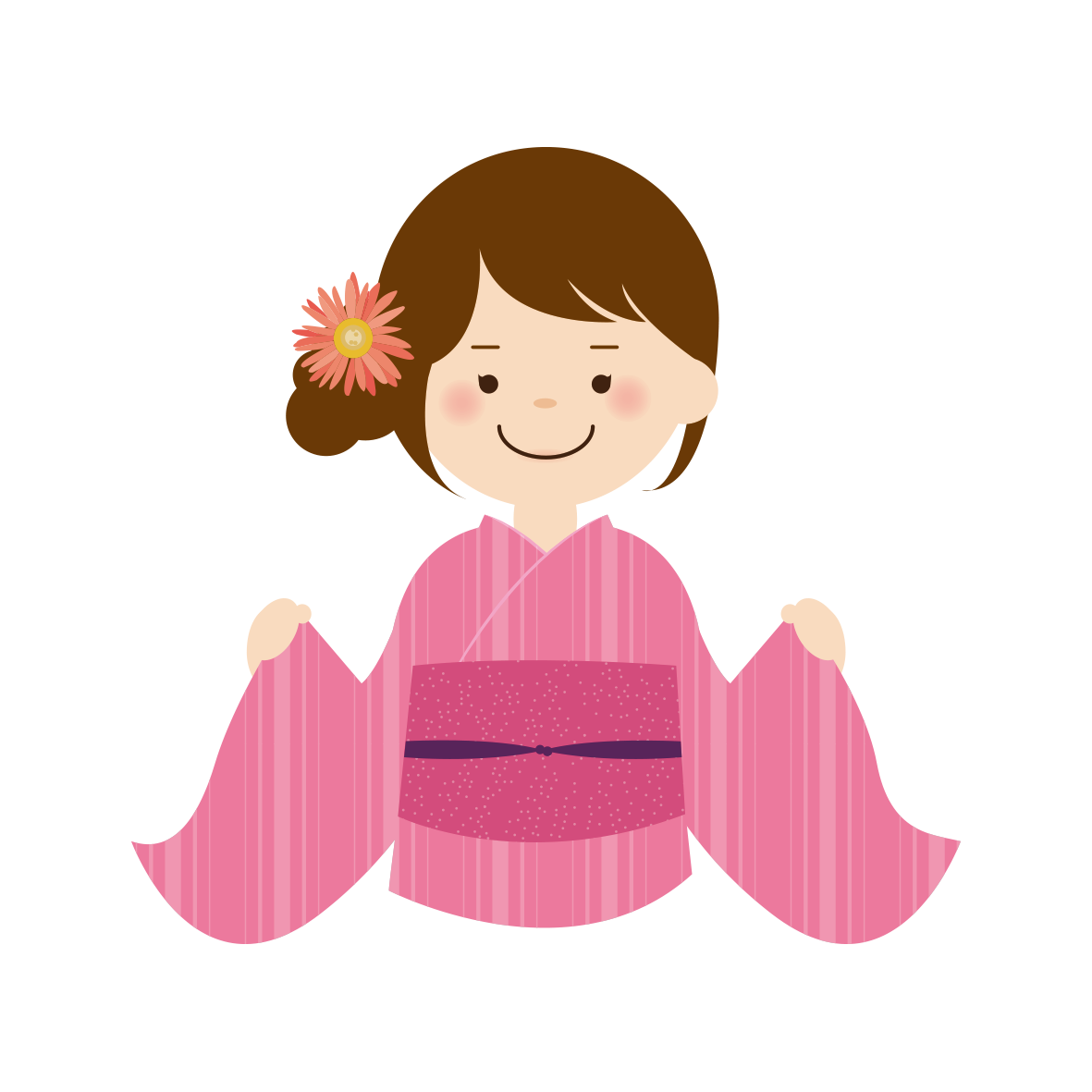 ピンク色ストライプ柄の浴衣を着た女の子のイラストです。夏祭りのお知らせにぴったり！うきうきと楽しい雰囲気です。