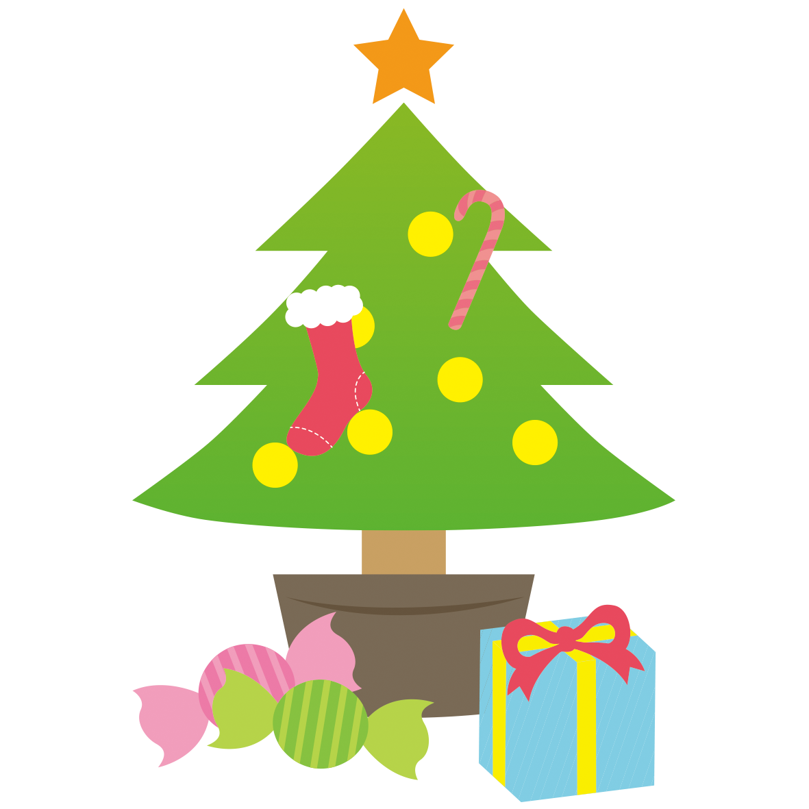 クリスマスツリーとプレゼントのシンプルなイラストです。ツリーには靴下やキャンディーが飾られています。